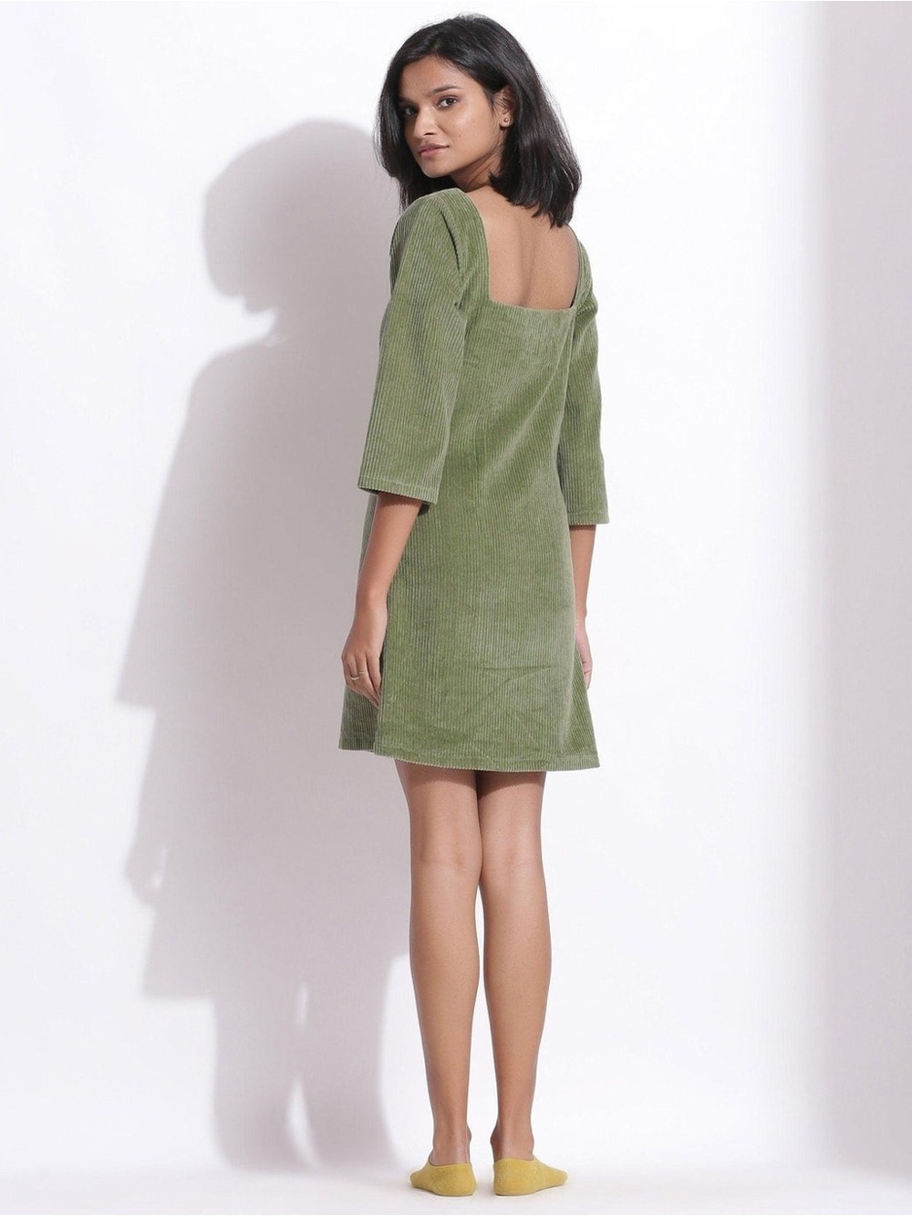 NWT SeamsFriendly Sage Green Square-Neck Cotton Mini Shift Dress Corduroy Sz 38R - Picture 5 of 14